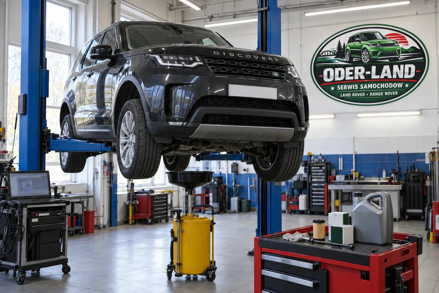 Wizualizacja AI: Land Rover Discovery 5 na podnośniku podczas wymiany oleju, obok stanowisko diagnostyczne i wózek z olejem i filtrami