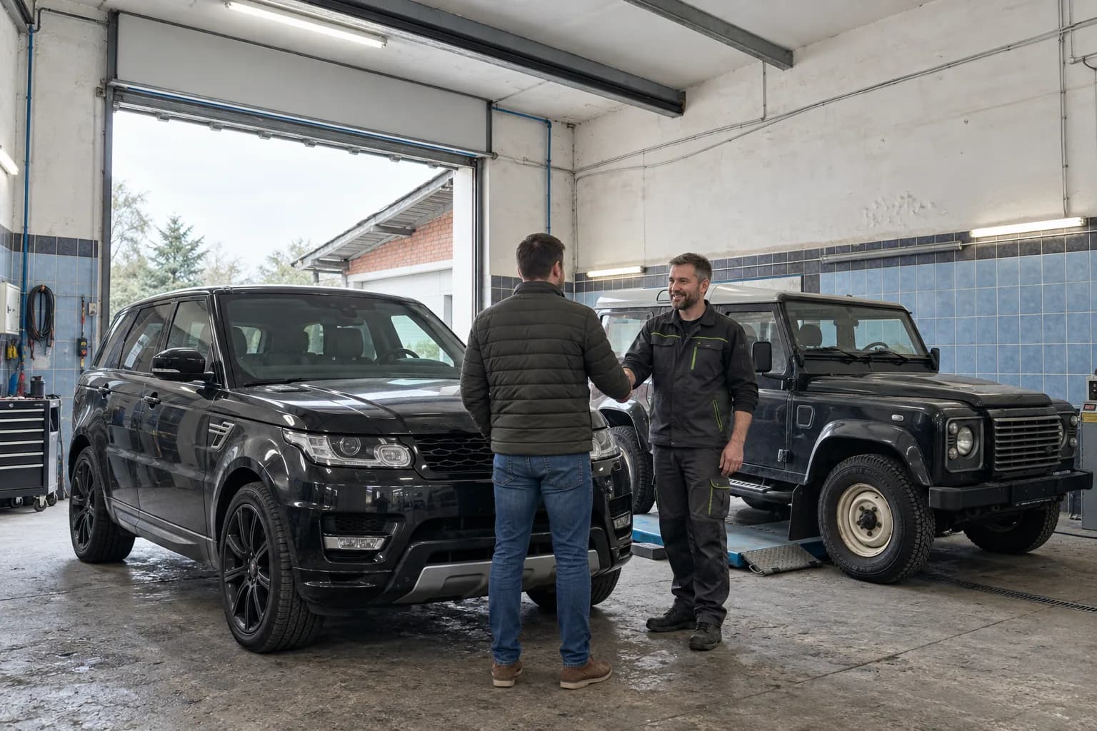 Kunden vor der Land Rover Werkstatt am offenen Tor