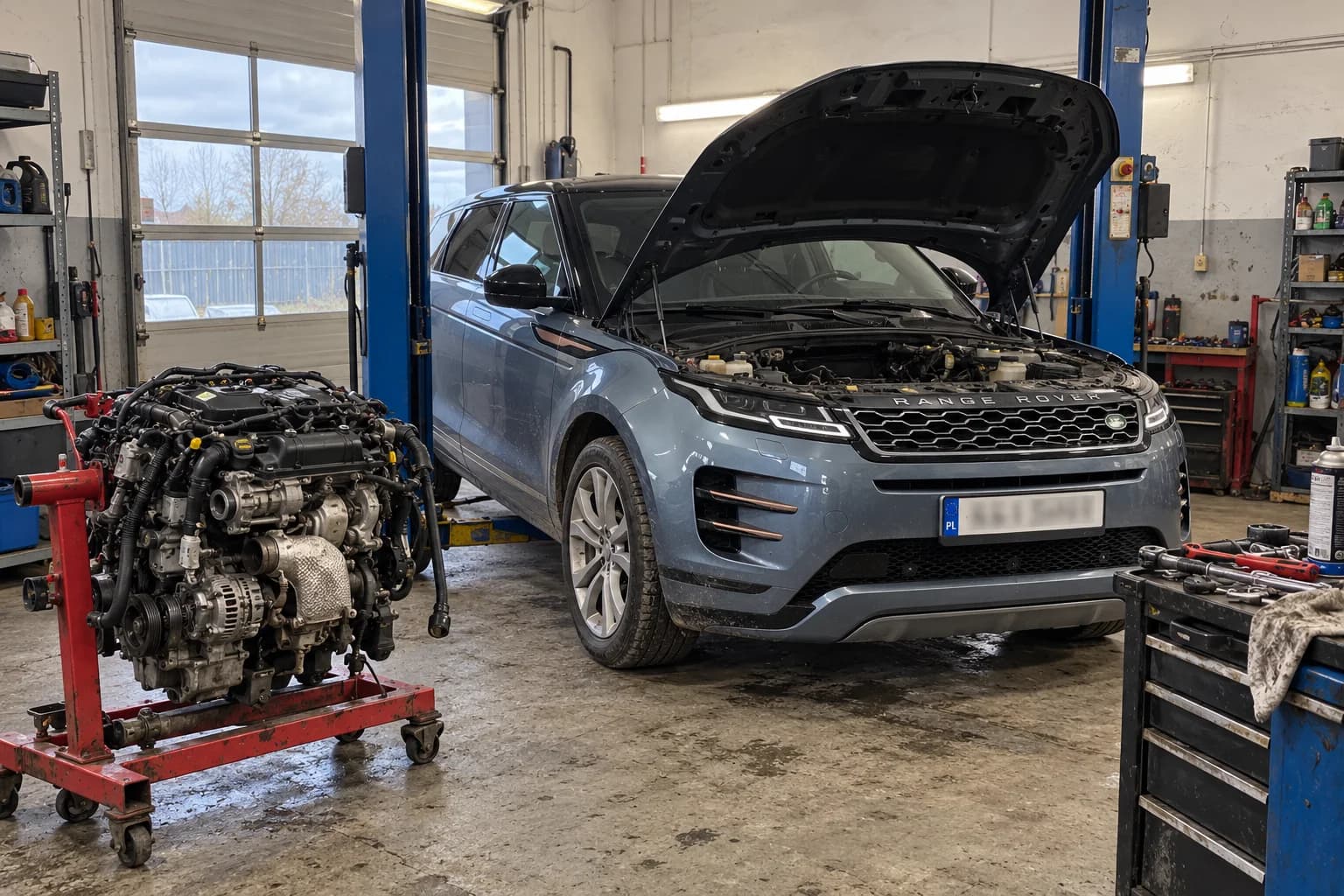 Wizualizacja Evoque i stanowiska do naprawy silnika