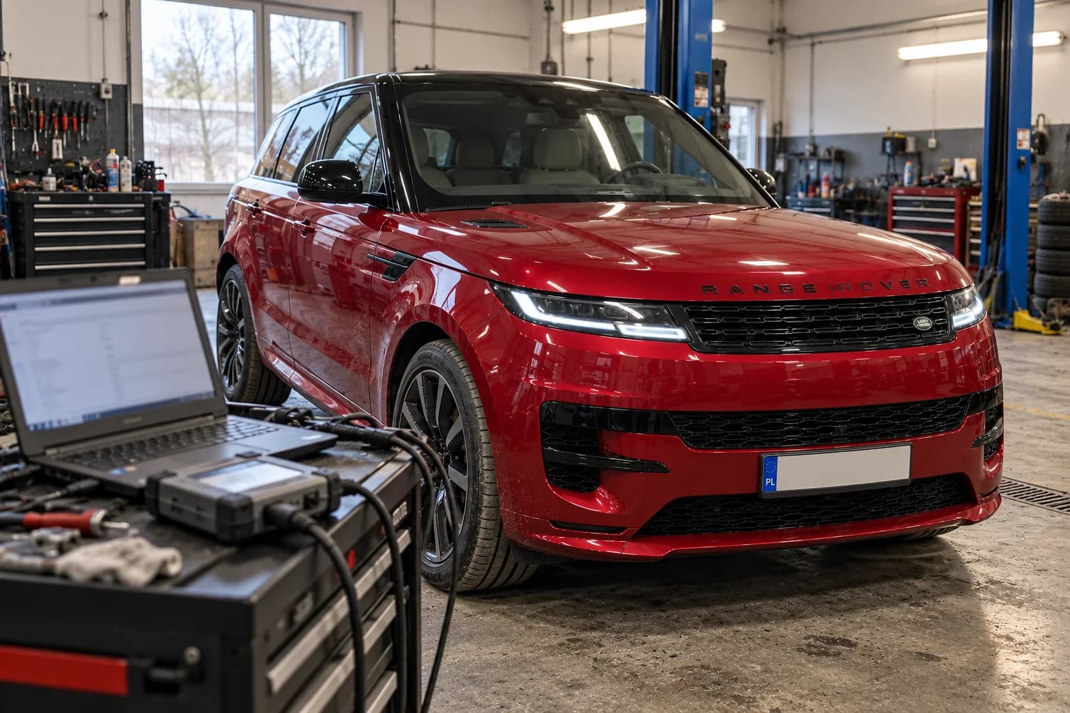 Wizualizacja AI: Range Rover Sport i laptop diagnostyczny