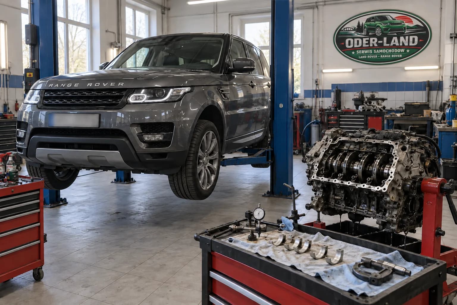 KI-Visualisierung: Range Rover Sport L494 auf der Hebebühne in der Werkstatthalle, daneben ein zerlegter V6-Dieselmotor auf dem Motorständer und Lagerschalen auf dem Werkstattwagen