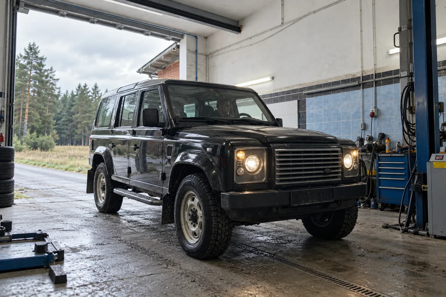 Land Rover Defender przy otwartej bramie warsztatu