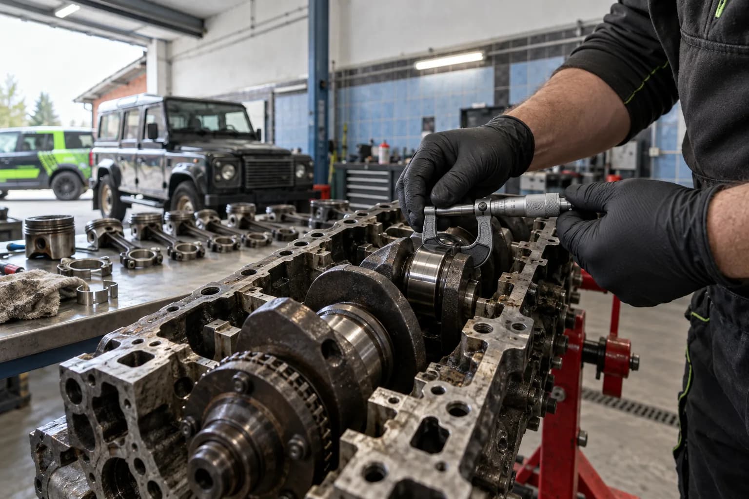 Pomiar wału korbowego w rozebranym silniku V6 diesel