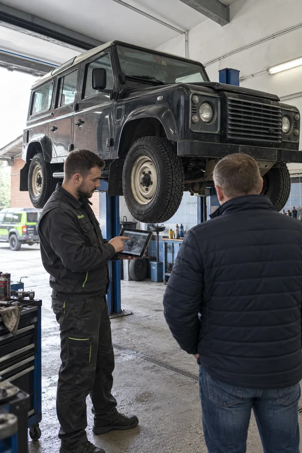 Mechanik omawia z klientem zakres naprawy