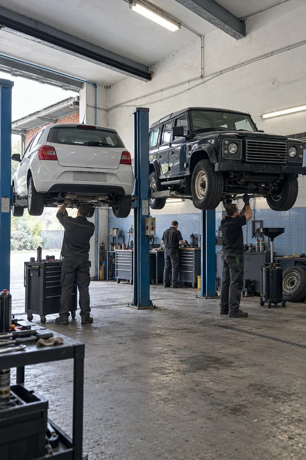 Warsztat w Krośnie Odrzańskim: auto osobowe i Land Rover na podnośnikach