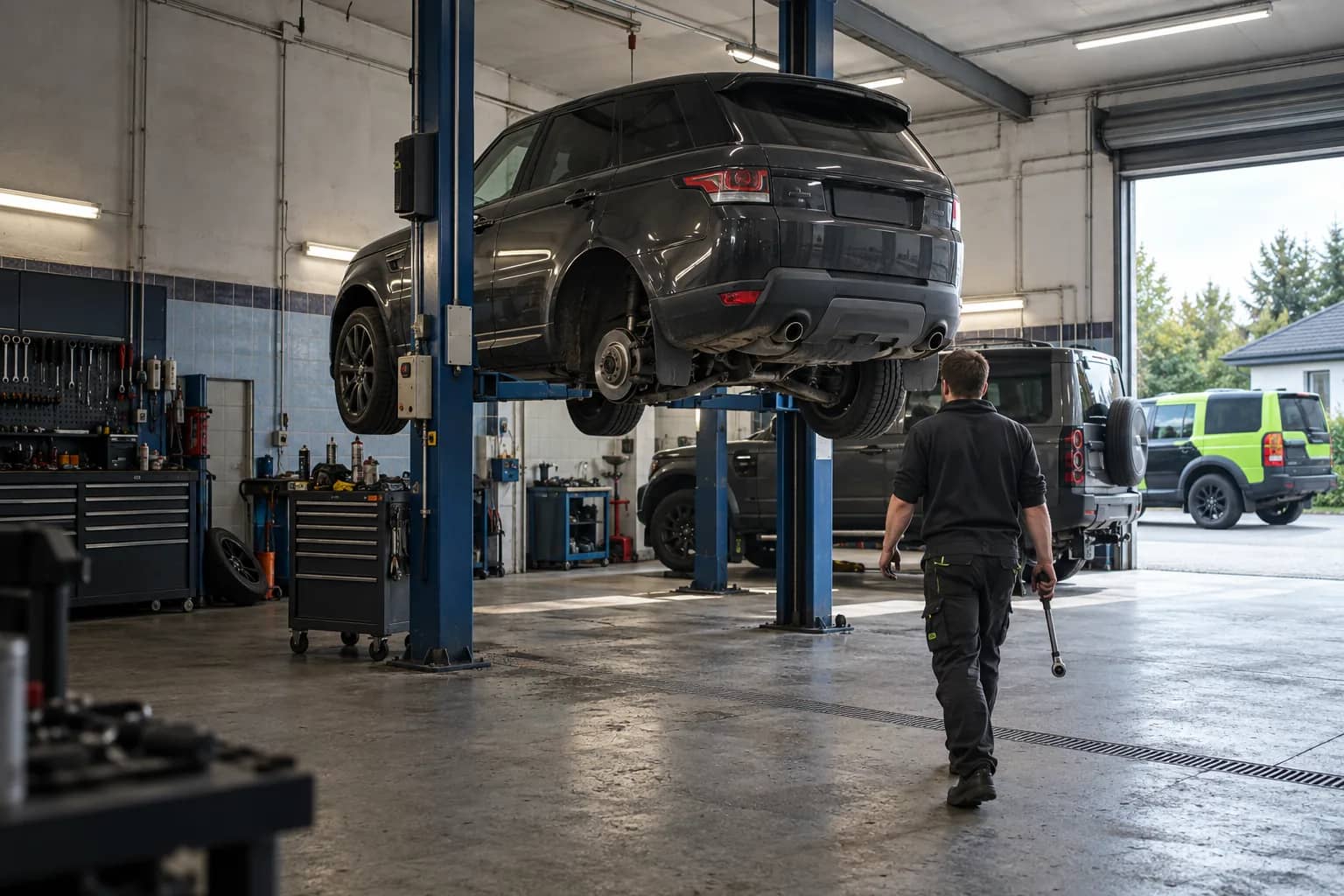 Range Rover Sport na podnośniku w niezależnym warsztacie Land Rover