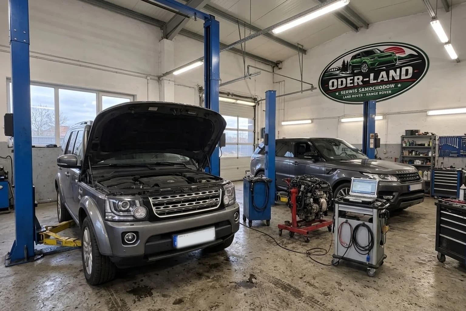 Wizualizacja AI: Land Rover Discovery 4 i Range Rover Sport w hali serwisowej OderLand ze stanowiskiem diagnostycznym