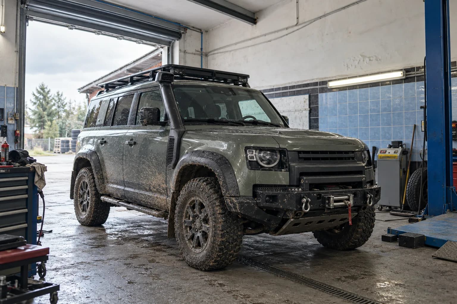 Defender z wyciągarką, snorkelem i bagażnikiem dachowym